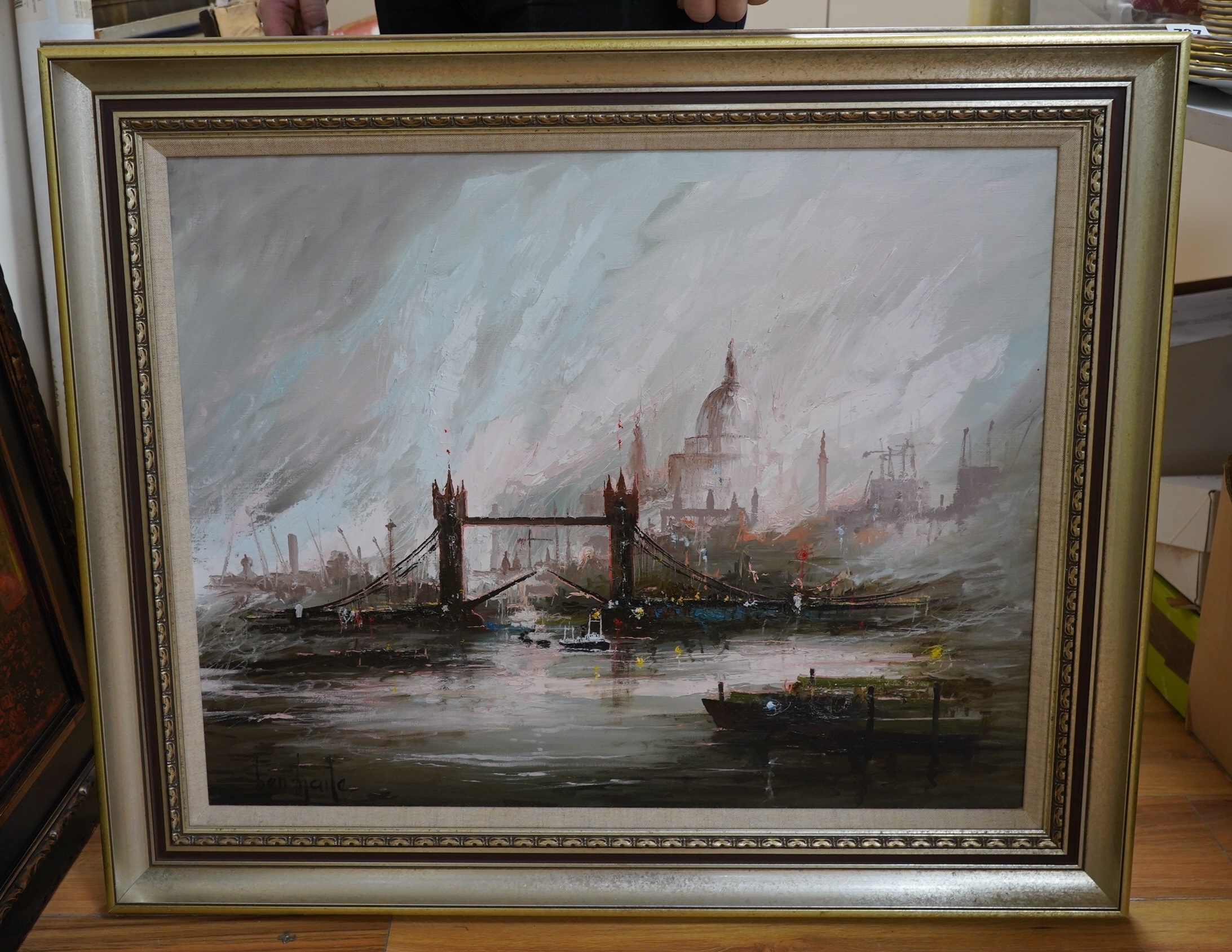 Ben Maile (1922-2017), oil on canvas, Thames riverscape, Port of London, signed, 59 x 74cm. Condition - good